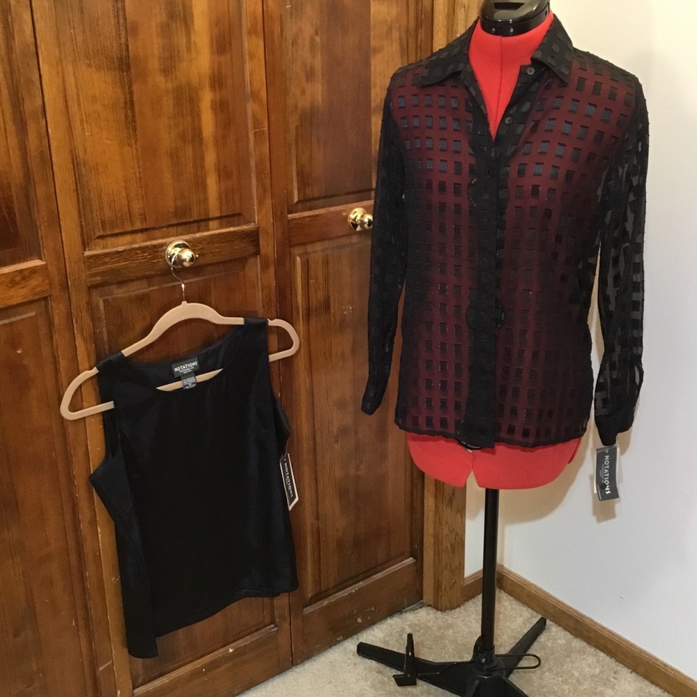 Notations sheer Black Button Down Shirt Graphic Notched Collar with tank top,NWT